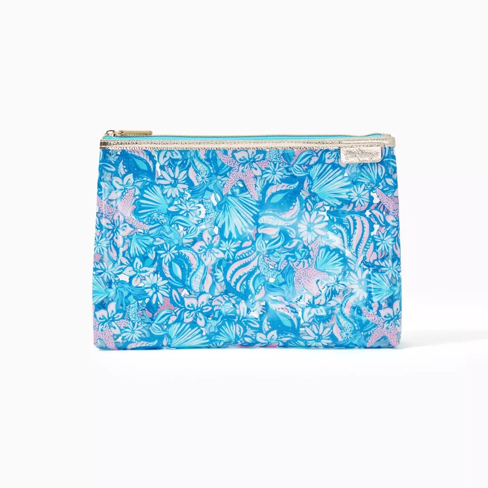 NEW Lilly Pulitzer Clear Printed Pouch Amalfi Blue Sound The Sirens